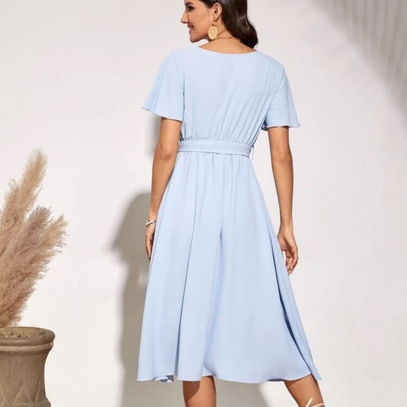 V neck flutter short sleeve faux wrap midi dress - Picture 9 of 16